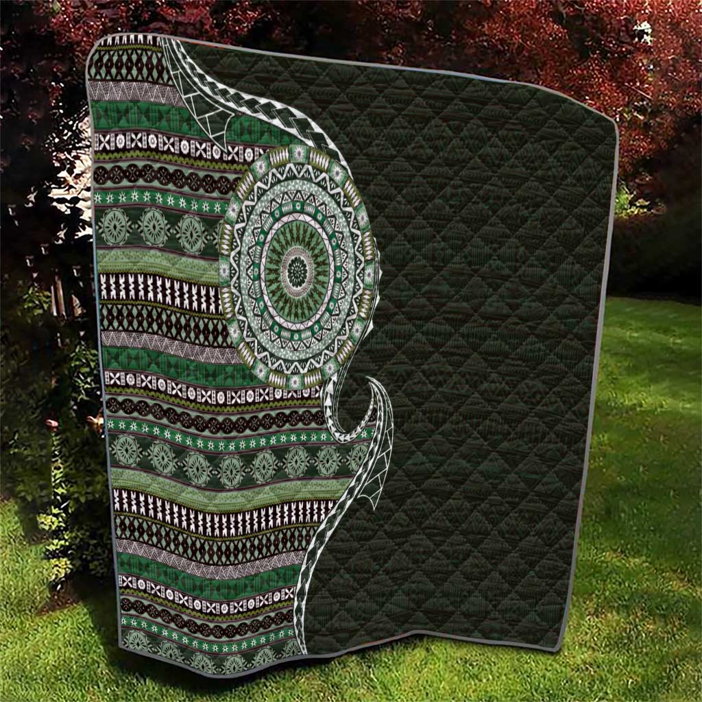 Fijian Masi Tribal Tattoos Art Pattern Quilt Green Color Half Style - Polynesian Pride
