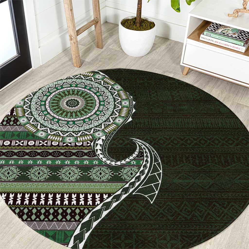 Fijian Masi Tribal Tattoos Art Pattern Round Carpet Green Color Half Style - Polynesian Pride