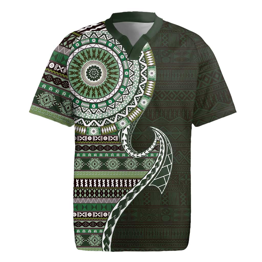 Fijian Masi Tribal Tattoos Art Pattern Rugby Jersey Green Color Half Style - Polynesian Pride