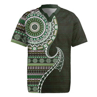 Fijian Masi Tribal Tattoos Art Pattern Rugby Jersey Green Color Half Style - Polynesian Pride