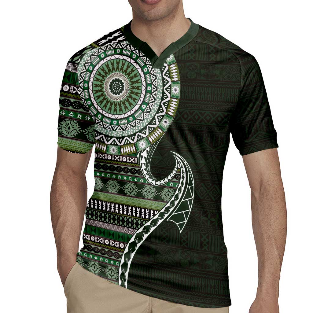 Fijian Masi Tribal Tattoos Art Pattern Rugby Jersey Green Color Half Style - Polynesian Pride
