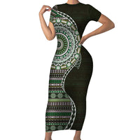 Fijian Masi Tribal Tattoos Art Pattern Short Sleeve Bodycon Dress Green Color Half Style - Polynesian Pride