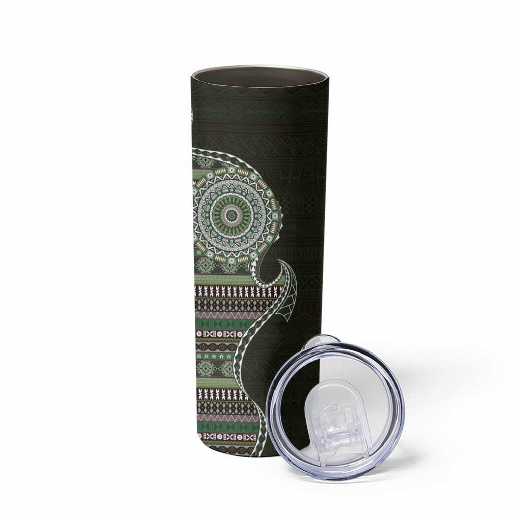 Fijian Masi Tribal Tattoos Art Pattern Skinny Tumbler Green Color Half Style - Polynesian Pride