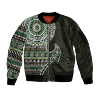 Fijian Masi Tribal Tattoos Art Pattern Sleeve Zip Bomber Jacket Green Color Half Style - Polynesian Pride