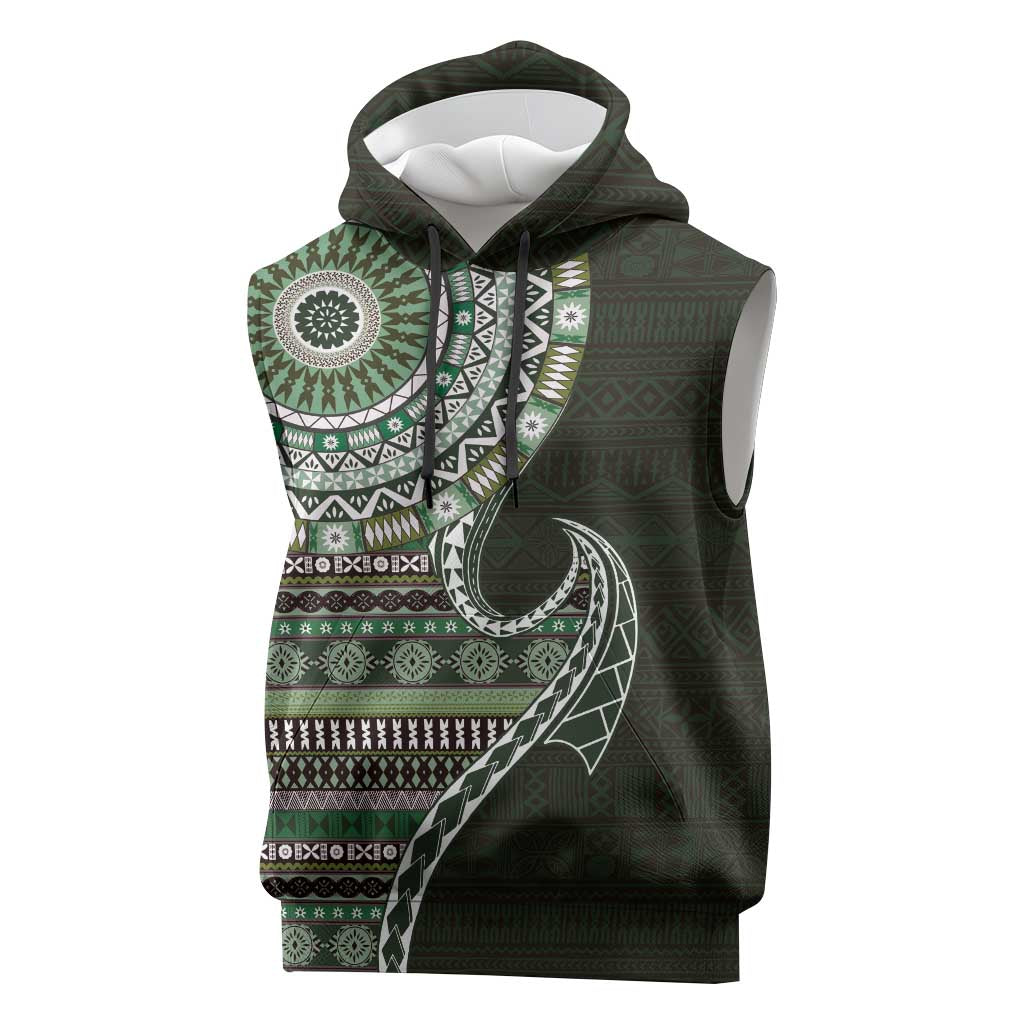 Fijian Masi Tribal Tattoos Art Pattern Sleeveless Hoodie Green Color Half Style - Polynesian Pride