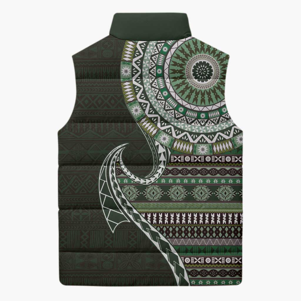 Fijian Masi Tribal Tattoos Art Pattern Sleeveless Puffer Jacket Green Color Half Style LT03 - Polynesian Pride