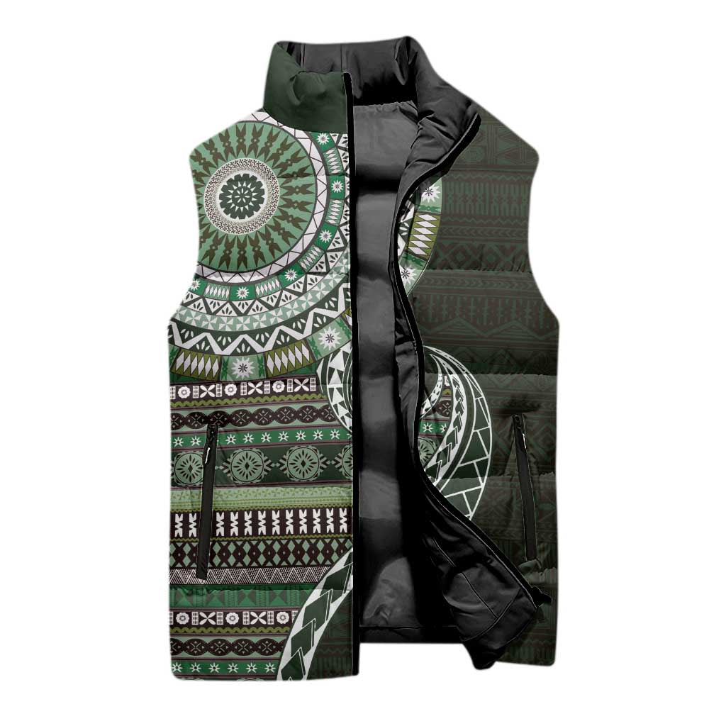 Fijian Masi Tribal Tattoos Art Pattern Sleeveless Puffer Jacket Green Color Half Style LT03 - Polynesian Pride