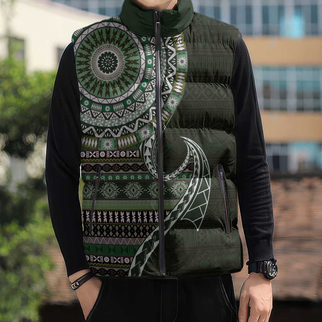 Fijian Masi Tribal Tattoos Art Pattern Sleeveless Puffer Jacket Green Color Half Style LT03 - Polynesian Pride