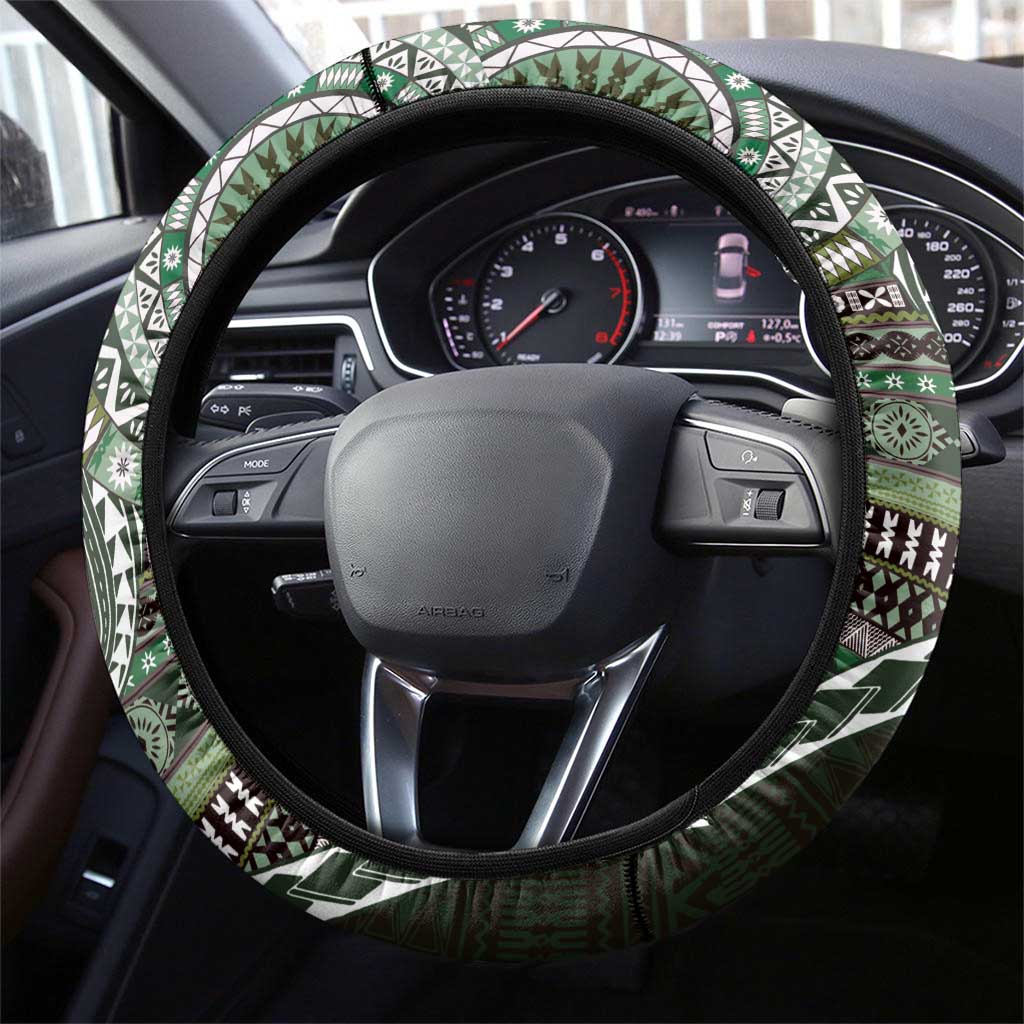 Fijian Masi Tribal Tattoos Art Pattern Steering Wheel Cover Green Color Half Style - Polynesian Pride