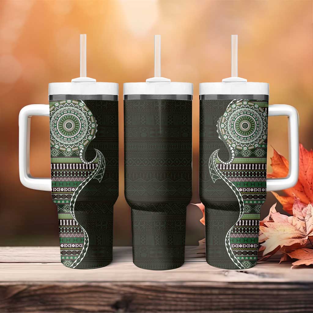Fijian Masi Tribal Tattoos Art Pattern Tumbler With Handle Green Color Half Style - Polynesian Pride