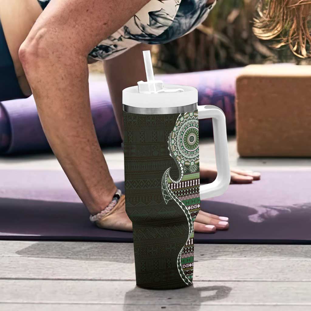 Fijian Masi Tribal Tattoos Art Pattern Tumbler With Handle Green Color Half Style - Polynesian Pride