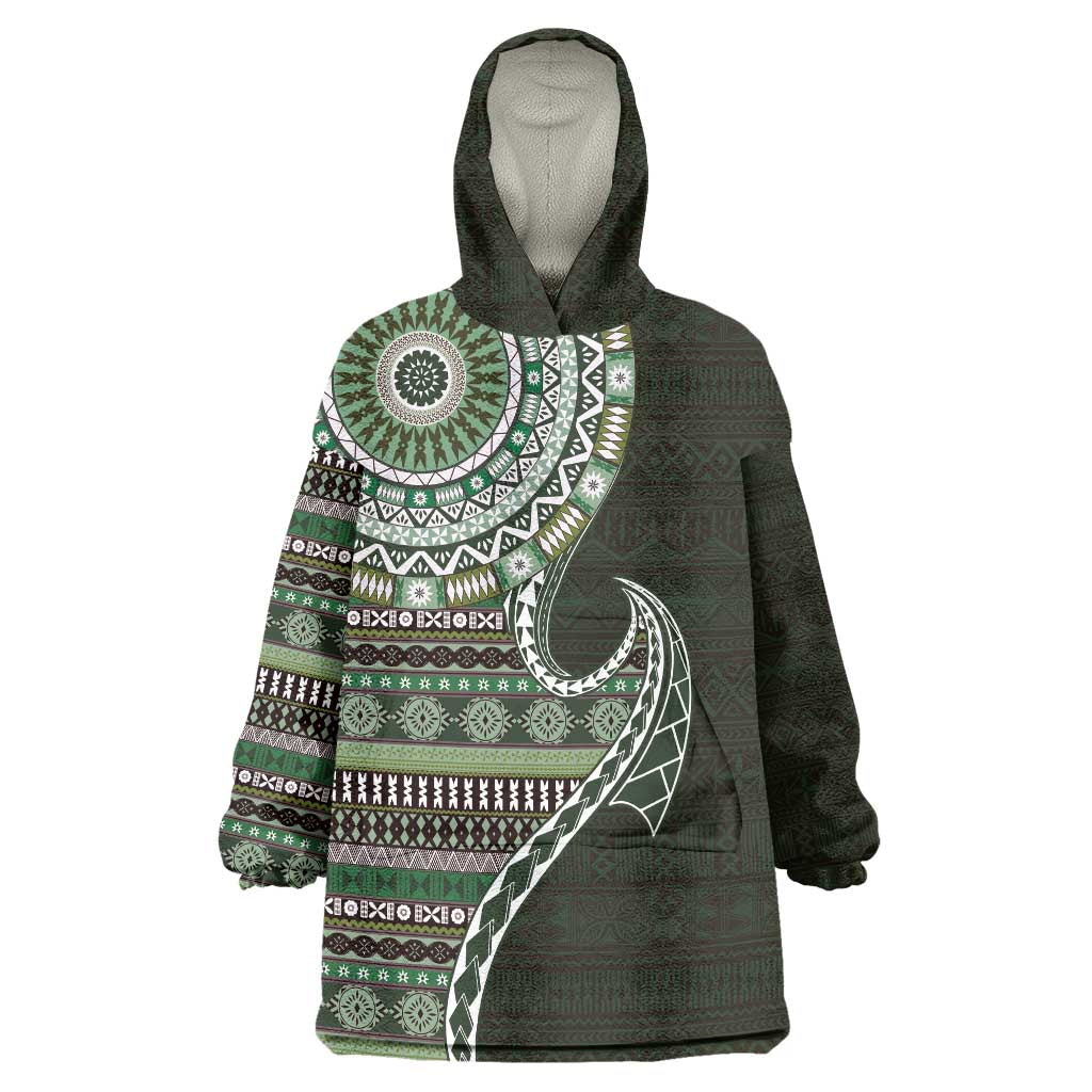 Fijian Masi Tribal Tattoos Art Pattern Wearable Blanket Hoodie Green Color Half Style - Polynesian Pride