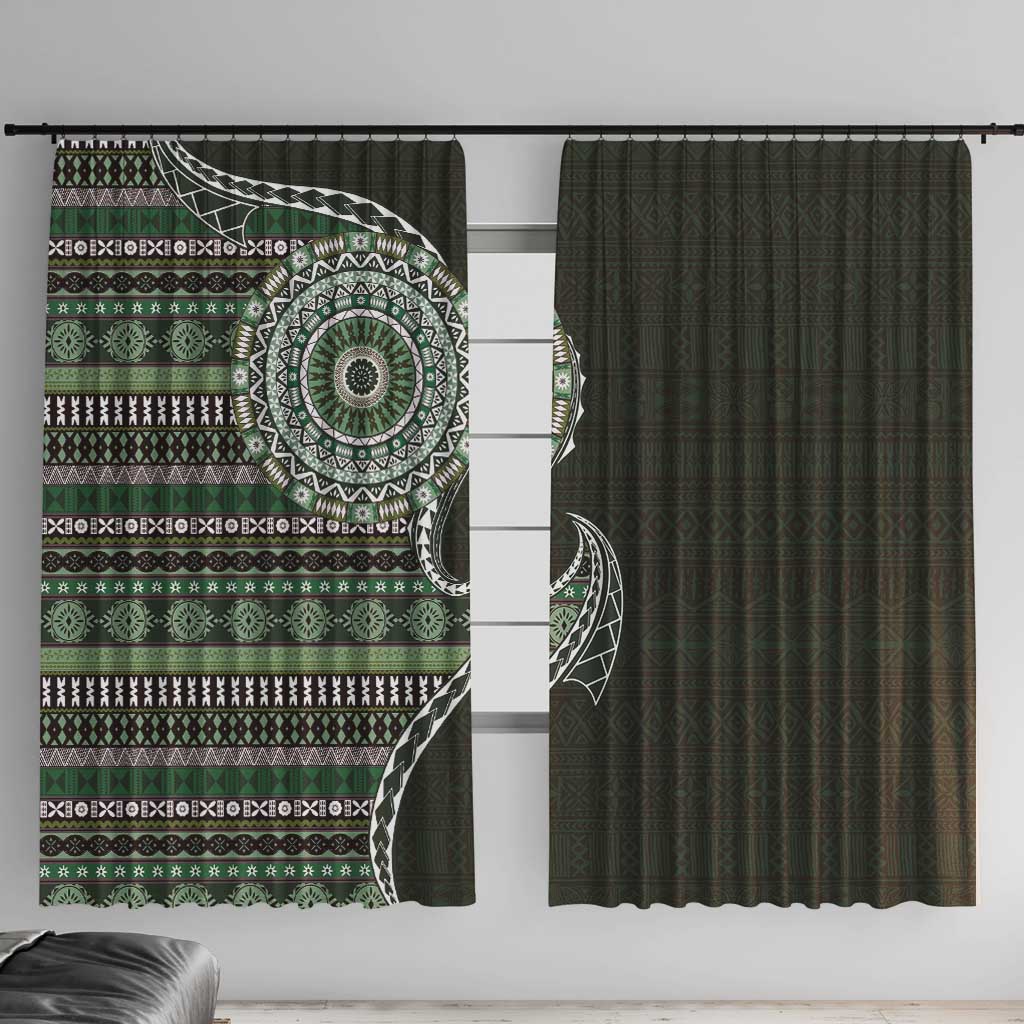 Fijian Masi Tribal Tattoos Art Pattern Window Curtain Green Color Half Style - Polynesian Pride