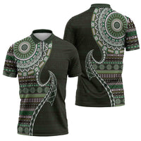 Fijian Masi Tribal Tattoos Art Pattern Zipper Polo Shirt Green Color Half Style LT03 - Polynesian Pride