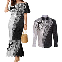 Fijian Masi Tattoos Couples Matching Mermaid Dress and Long Sleeve Button Shirt with Tapa Tribal Pattern LT03 White - Polynesian Pride
