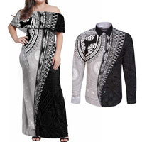 Fijian Masi Tattoos Couples Matching Off Shoulder Maxi Dress and Long Sleeve Button Shirt with Tapa Tribal Pattern - Polynesian Pride