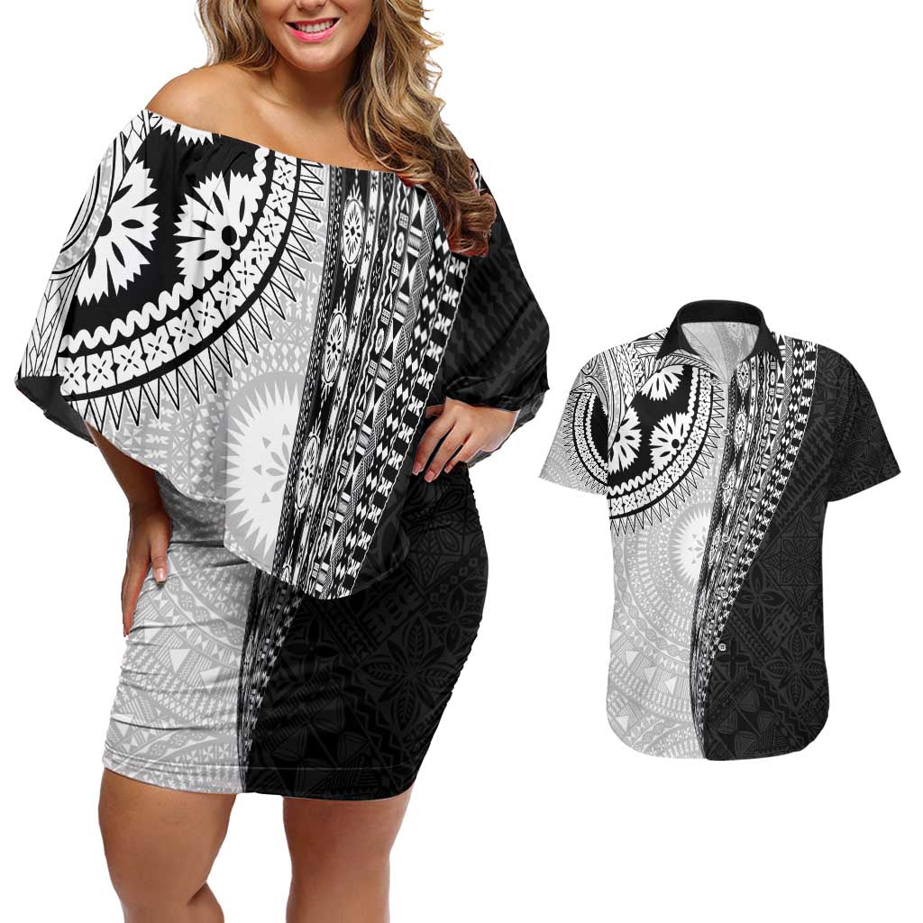 Fijian Masi Tattoos Couples Matching Off Shoulder Short Dress and Hawaiian Shirt with Tapa Tribal Pattern - Polynesian Pride