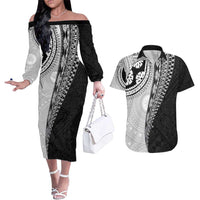 Fijian Masi Tattoos Couples Matching Off The Shoulder Long Sleeve Dress and Hawaiian Shirt with Tapa Tribal Pattern - Polynesian Pride