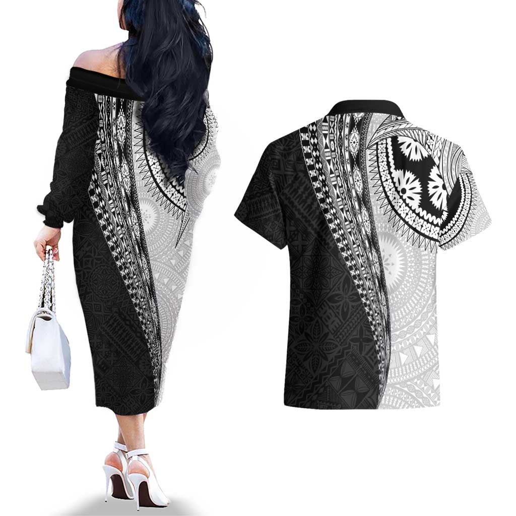 Fijian Masi Tattoos Couples Matching Off The Shoulder Long Sleeve Dress and Hawaiian Shirt with Tapa Tribal Pattern - Polynesian Pride