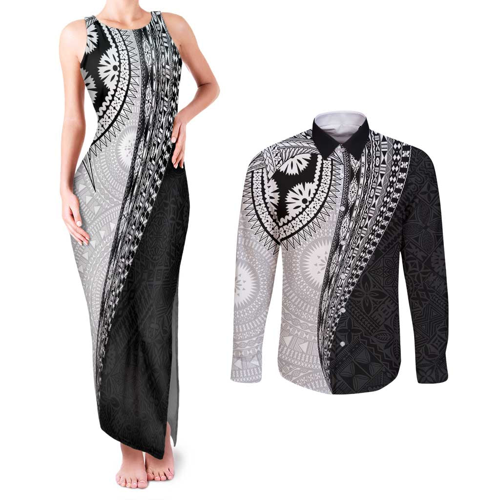 Fijian Masi Tattoos Couples Matching Tank Maxi Dress and Long Sleeve Button Shirt with Tapa Tribal Pattern - Polynesian Pride