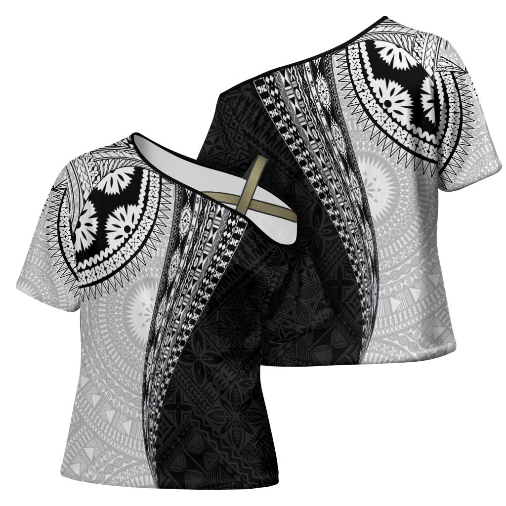 Fijian Masi Tattoos Cross Shoulder Shirt with Tapa Tribal Pattern LT03 - Polynesian Pride