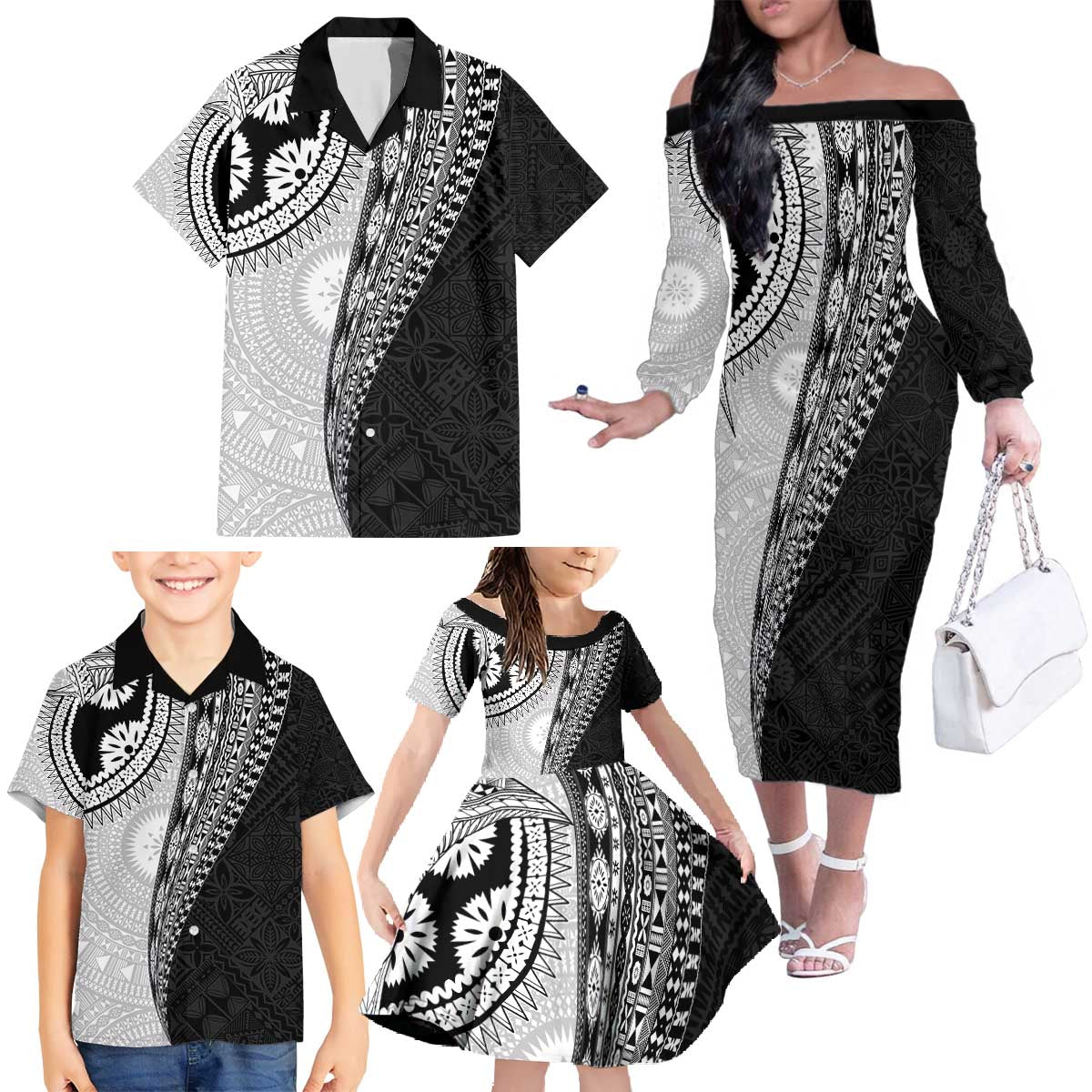 Fijian Masi Tattoos Family Matching Off The Shoulder Long Sleeve Dress and Hawaiian Shirt with Tapa Tribal Pattern - Polynesian Pride