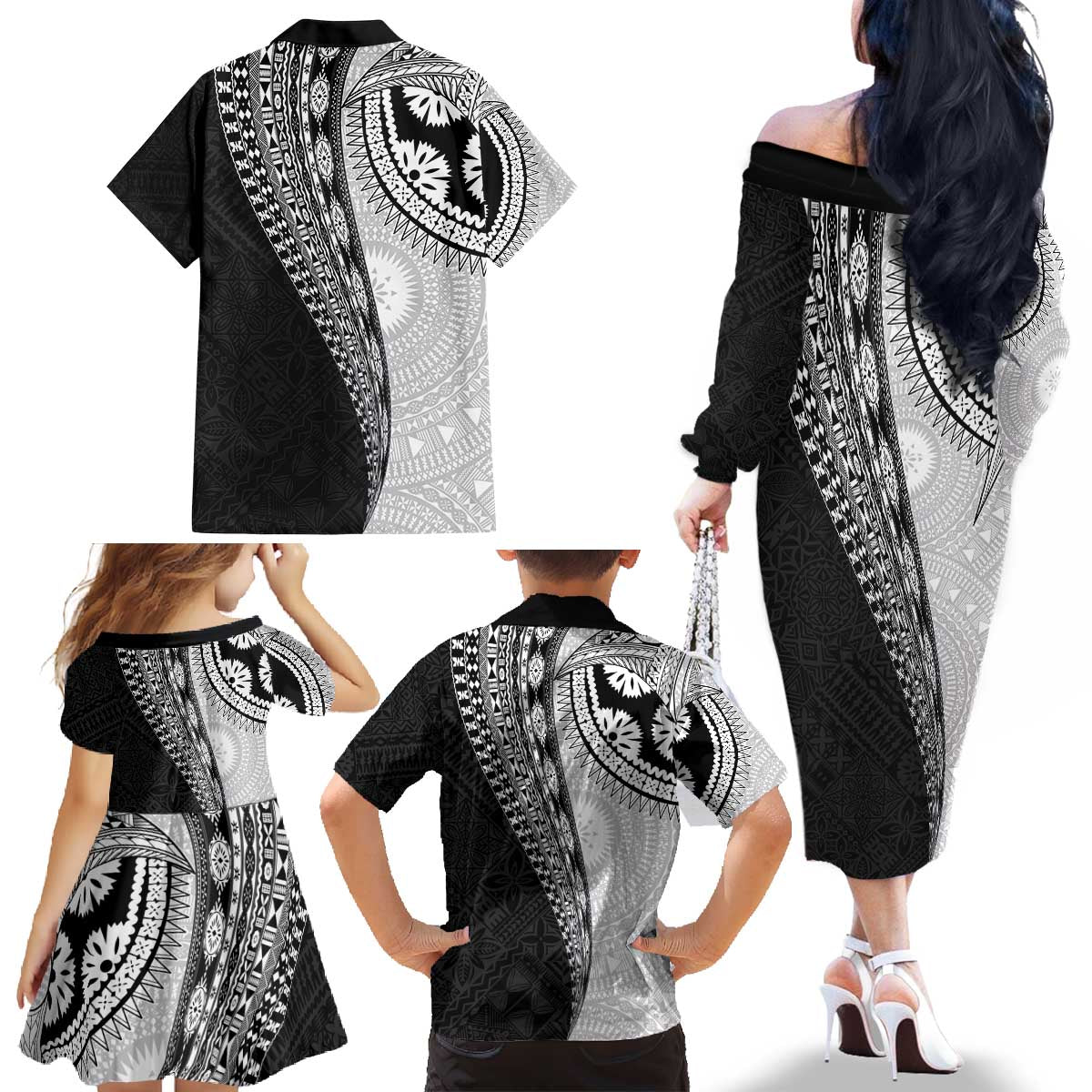 Fijian Masi Tattoos Family Matching Off The Shoulder Long Sleeve Dress and Hawaiian Shirt with Tapa Tribal Pattern - Polynesian Pride