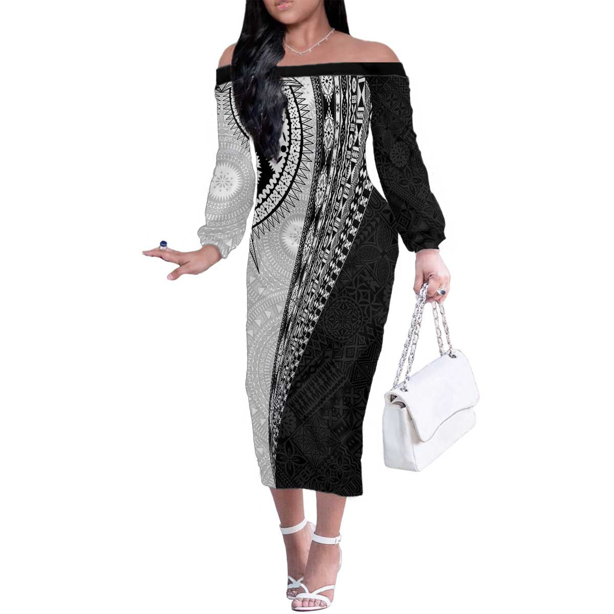 Fijian Masi Tattoos Family Matching Off The Shoulder Long Sleeve Dress and Hawaiian Shirt with Tapa Tribal Pattern - Polynesian Pride