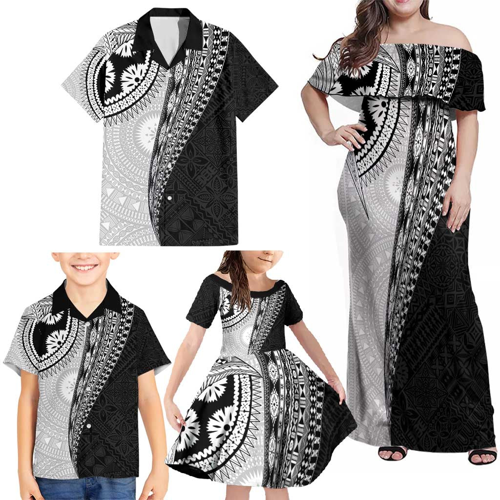 Fijian Masi Tattoos Family Matching Off Shoulder Maxi Dress and Hawaiian Shirt with Tapa Tribal Pattern - Polynesian Pride