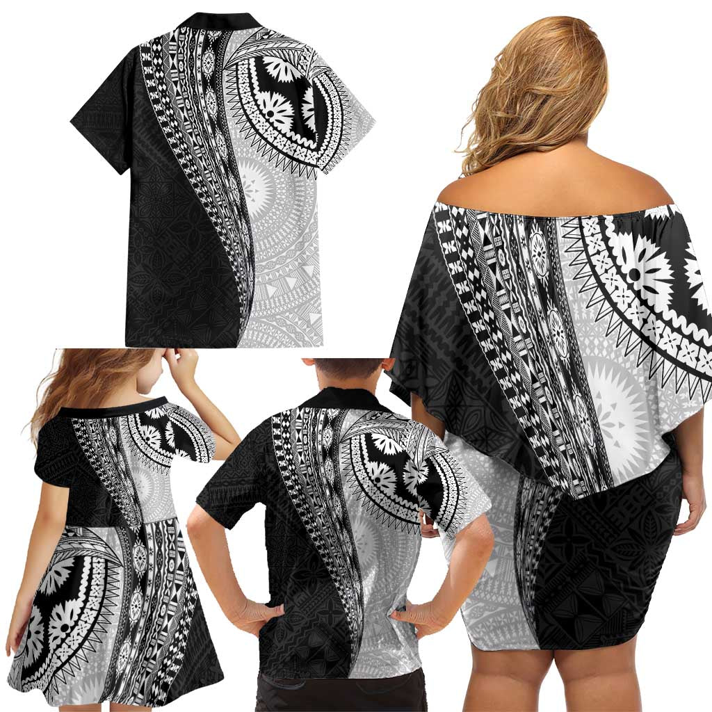 Fijian Masi Tattoos Family Matching Off Shoulder Short Dress and Hawaiian Shirt with Tapa Tribal Pattern - Polynesian Pride