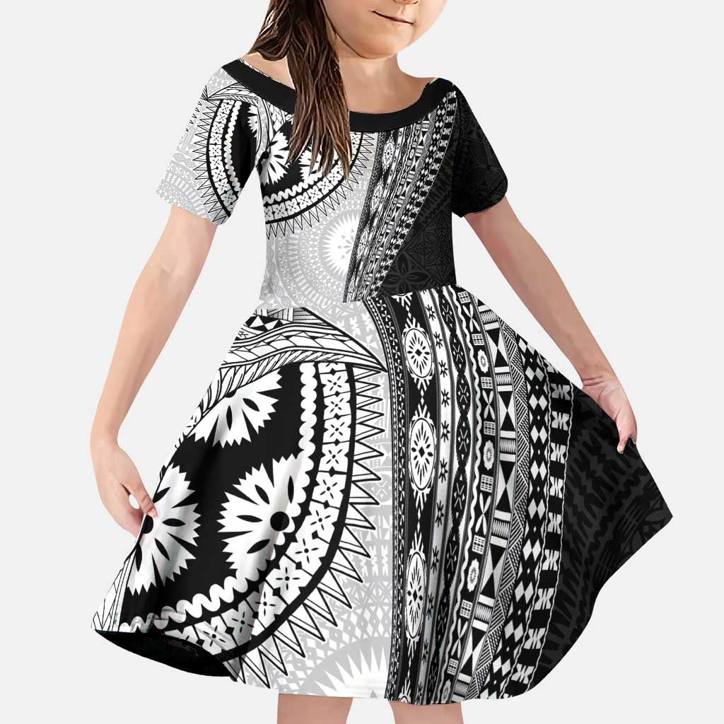 Fijian Masi Tattoos Family Matching Puletasi and Hawaiian Shirt with Tapa Tribal Pattern LT03 Daughter's Dress White - Polynesian Pride