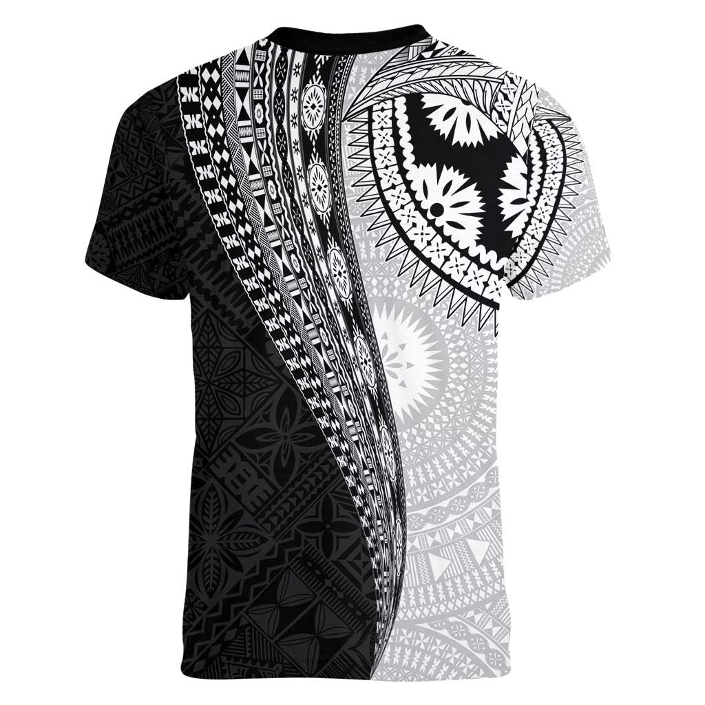 Fijian Masi Tattoos Women V-Neck T-Shirt with Tapa Tribal Pattern - Polynesian Pride