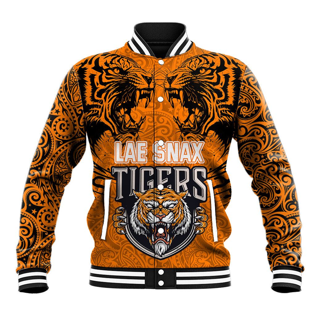 PNG Lae Snax Tigers Rugby Baseball Jacket The Tigers Head and PNG Bird Polynesian Tattoo LT03 Unisex Orange - Polynesian Pride