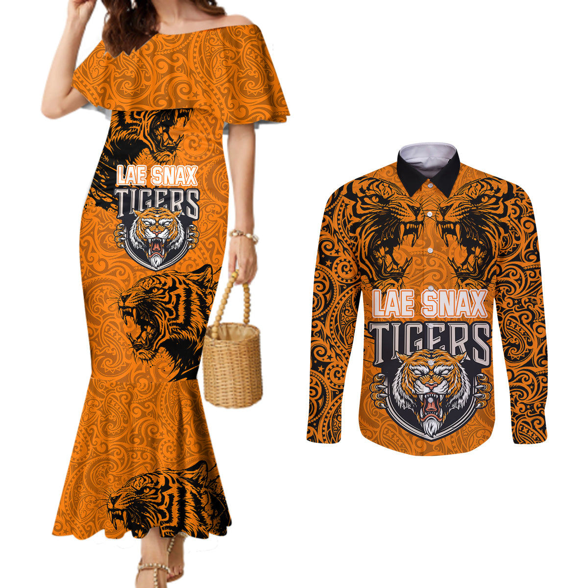 PNG Lae Snax Tigers Rugby Couples Matching Mermaid Dress and Long Sleeve Button Shirts The Tigers Head and PNG Bird Polynesian Tattoo LT03 Orange - Polynesian Pride