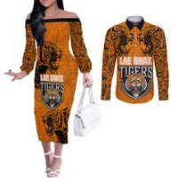 PNG Lae Snax Tigers Rugby Couples Matching Off The Shoulder Long Sleeve Dress and Long Sleeve Button Shirts The Tigers Head and PNG Bird Polynesian Tattoo LT03 Orange - Polynesian Pride