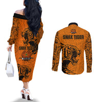 PNG Lae Snax Tigers Rugby Couples Matching Off The Shoulder Long Sleeve Dress and Long Sleeve Button Shirts The Tigers Head and PNG Bird Polynesian Tattoo LT03 - Polynesian Pride