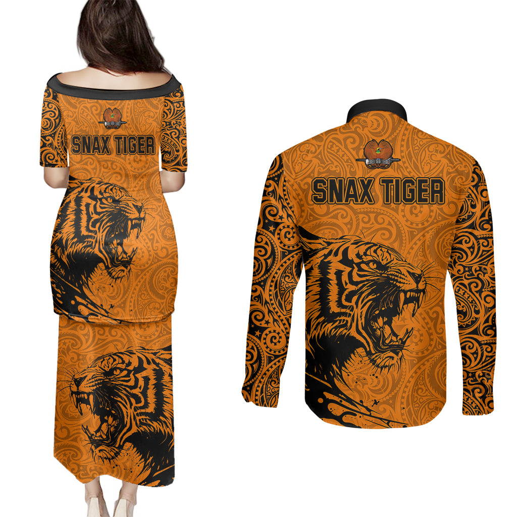 PNG Lae Snax Tigers Rugby Couples Matching Puletasi Dress and Long Sleeve Button Shirts The Tigers Head and PNG Bird Polynesian Tattoo LT03 - Polynesian Pride