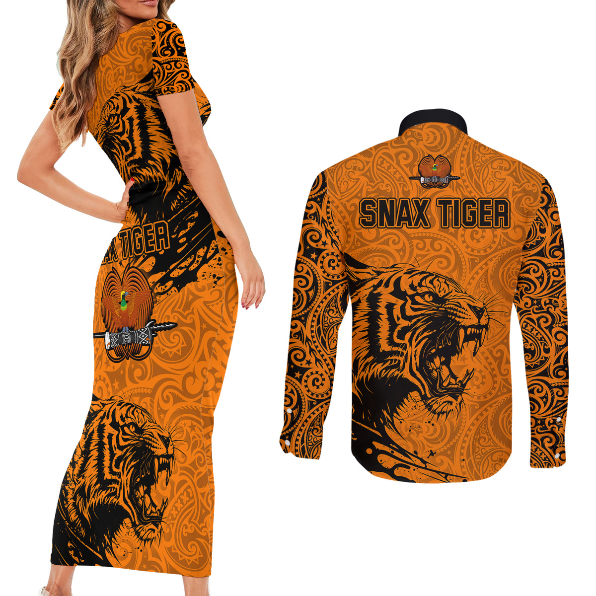 PNG Lae Snax Tigers Rugby Couples Matching Short Sleeve Bodycon Dress and Long Sleeve Button Shirts The Tigers Head and PNG Bird Polynesian Tattoo LT03 - Polynesian Pride