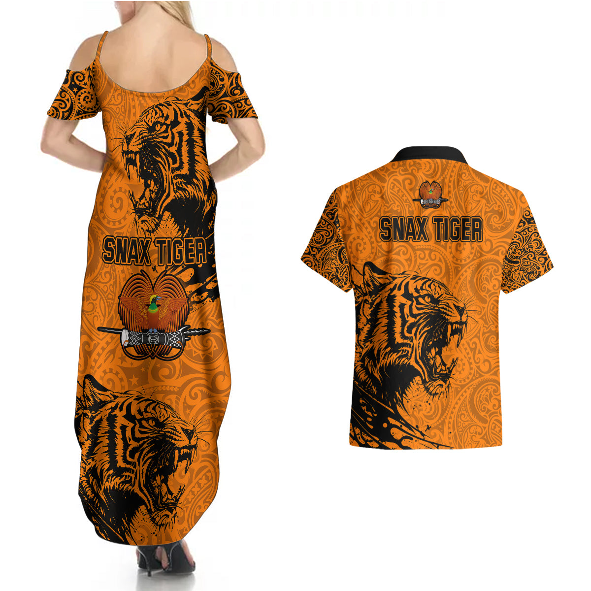 PNG Lae Snax Tigers Rugby Couples Matching Summer Maxi Dress and Hawaiian Shirt The Tigers Head and PNG Bird Polynesian Tattoo LT03 - Polynesian Pride