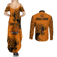 PNG Lae Snax Tigers Rugby Couples Matching Summer Maxi Dress and Long Sleeve Button Shirts The Tigers Head and PNG Bird Polynesian Tattoo LT03 - Polynesian Pride