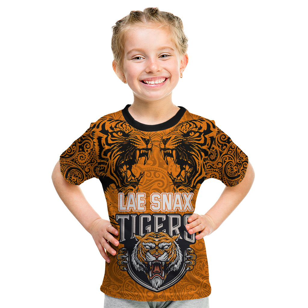 PNG Lae Snax Tigers Rugby Kid T Shirt The Tigers Head and PNG Bird Polynesian Tattoo LT03 Orange - Polynesian Pride