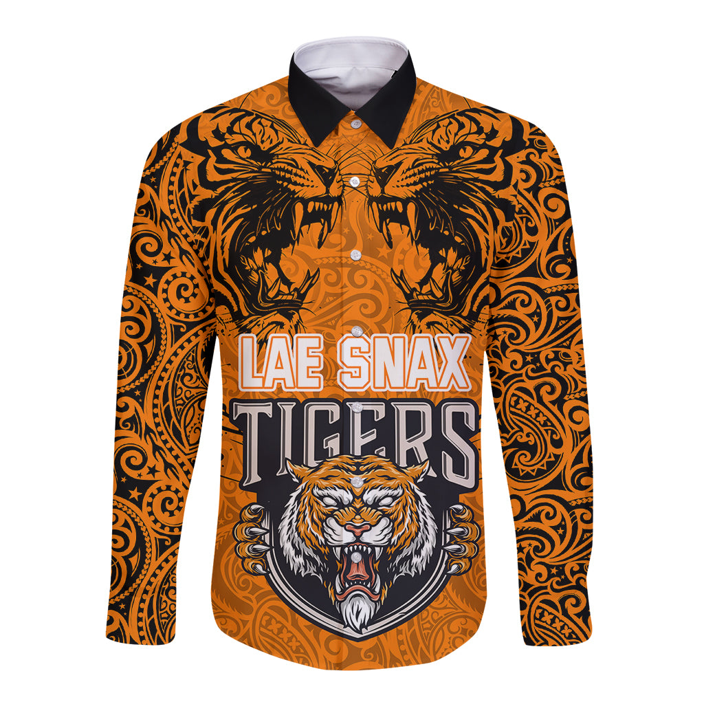 PNG Lae Snax Tigers Rugby Long Sleeve Button Shirt The Tigers Head and PNG Bird Polynesian Tattoo LT03 Unisex Orange - Polynesian Pride