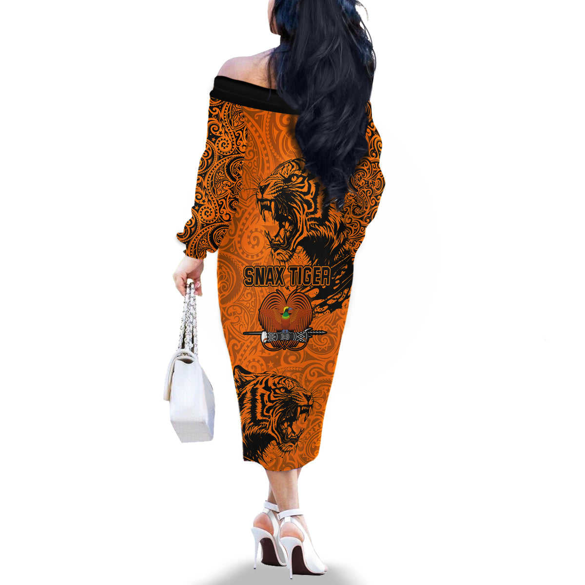 PNG Lae Snax Tigers Rugby Off The Shoulder Long Sleeve Dress The Tigers Head and PNG Bird Polynesian Tattoo LT03 - Polynesian Pride