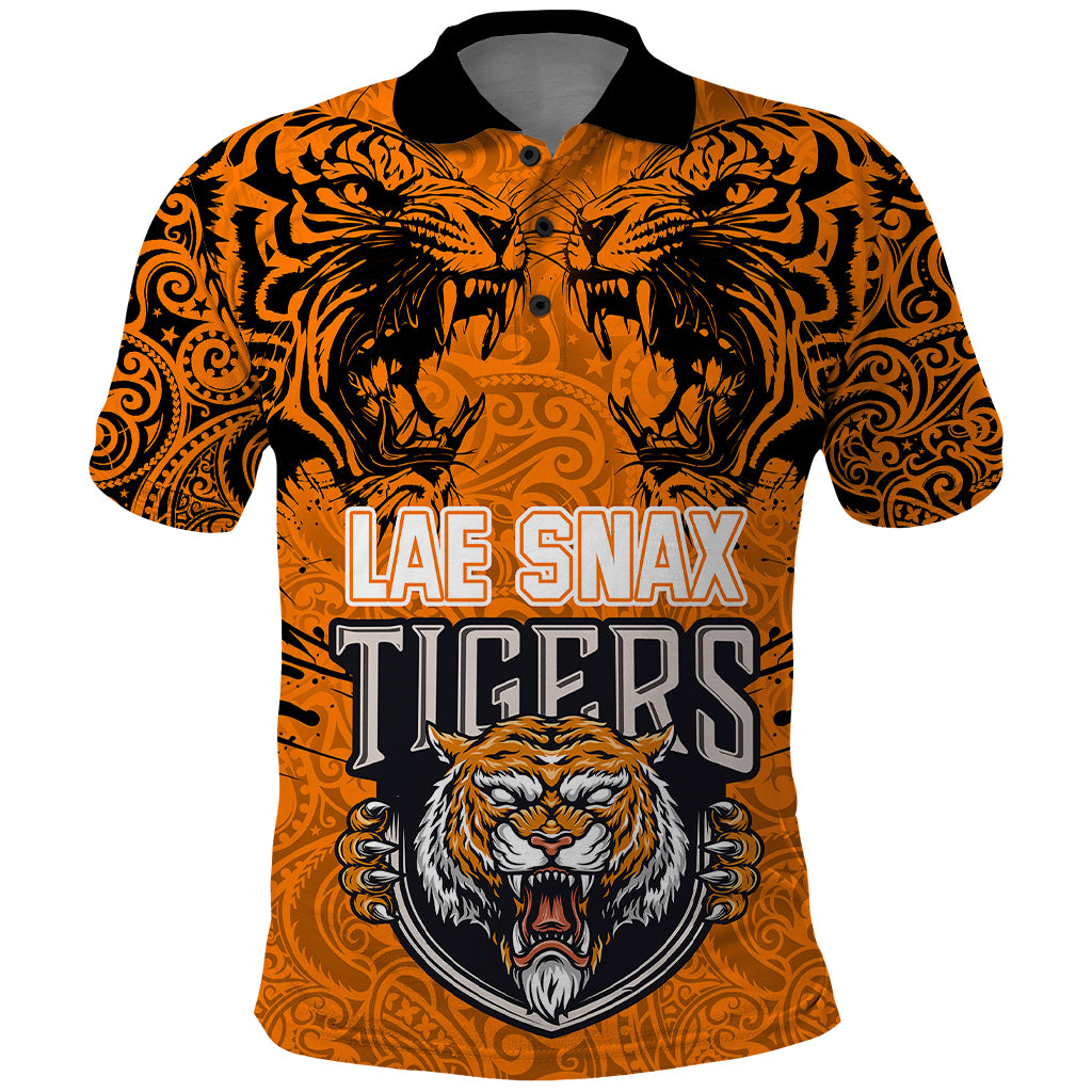 PNG Lae Snax Tigers Rugby Polo Shirt The Tigers Head and PNG Bird Polynesian Tattoo LT03 Orange - Polynesian Pride
