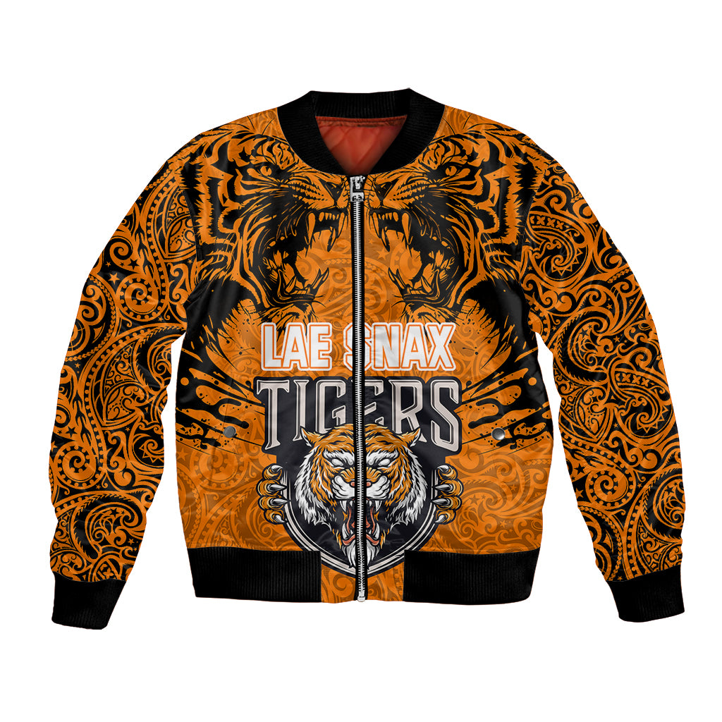Custom PNG Lae Snax Tigers Rugby Bomber Jacket The Tigers Head and PNG Bird Polynesian Tattoo LT03 Unisex Orange - Polynesian Pride