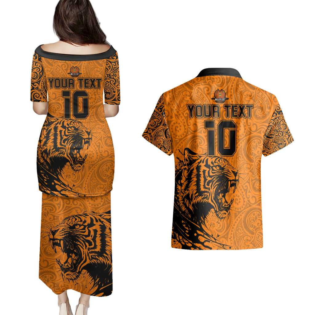 Custom PNG Lae Snax Tigers Rugby Couples Matching Puletasi Dress and Hawaiian Shirt The Tigers Head and PNG Bird Polynesian Tattoo LT03 - Polynesian Pride