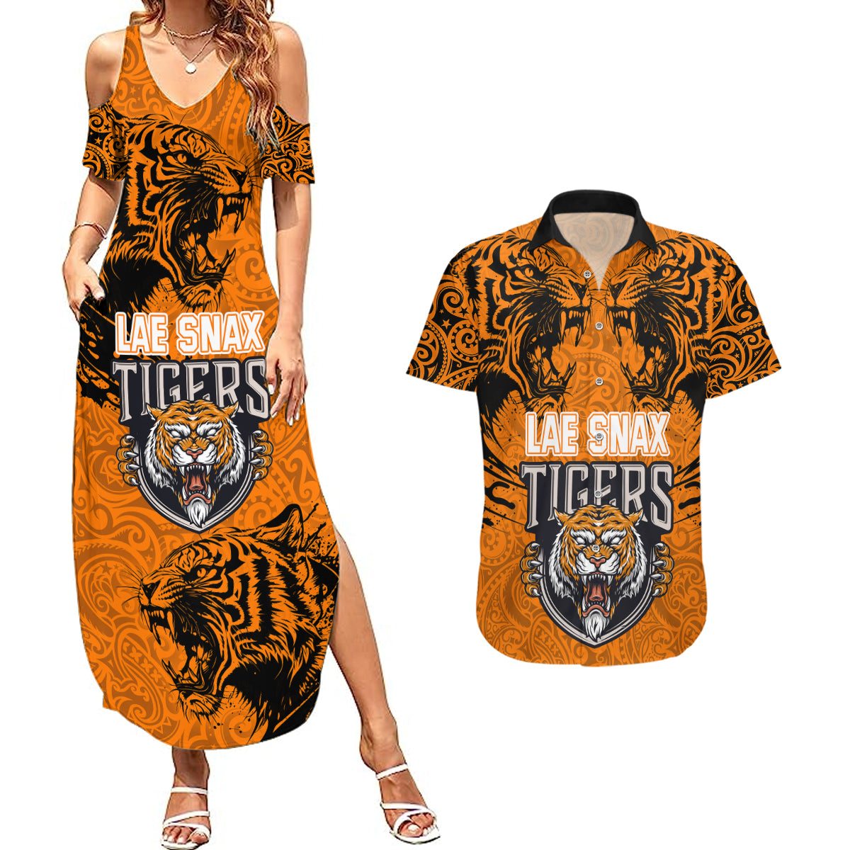 Custom PNG Lae Snax Tigers Rugby Couples Matching Summer Maxi Dress and Hawaiian Shirt The Tigers Head and PNG Bird Polynesian Tattoo LT03 Orange - Polynesian Pride