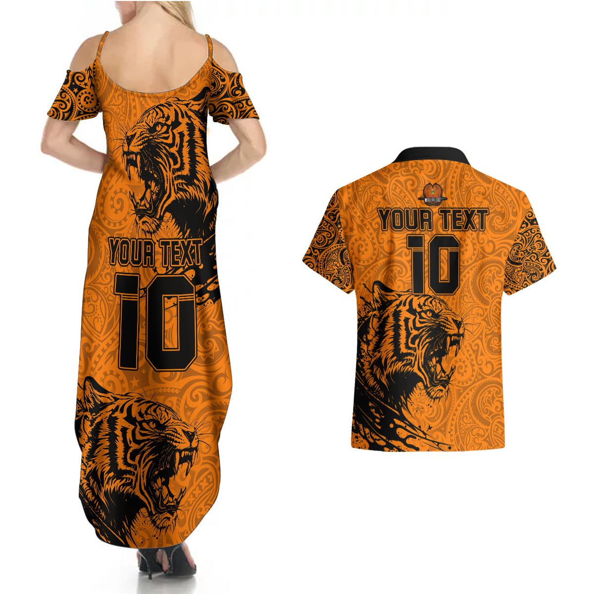 Custom PNG Lae Snax Tigers Rugby Couples Matching Summer Maxi Dress and Hawaiian Shirt The Tigers Head and PNG Bird Polynesian Tattoo LT03 - Polynesian Pride