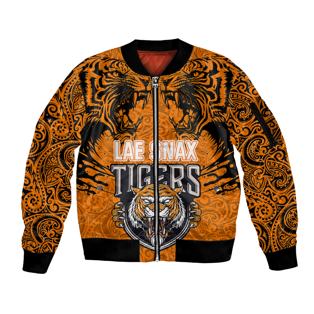 Custom PNG Lae Snax Tigers Rugby Sleeve Zip Bomber Jacket The Tigers Head and PNG Bird Polynesian Tattoo LT03 Unisex Orange - Polynesian Pride