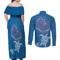 Cook Islands Manihiki Atoll Couples Matching Off Shoulder Maxi Dress and Long Sleeve Button Shirt Maori Turtle and Polynesian Pattern